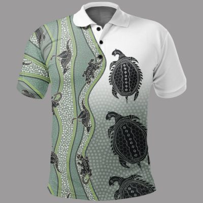Australia Polo Shirt - Aboriginal Inspired with Kangaroo, Lizard, Turtle and Dotted Crooked Stripes Pattern