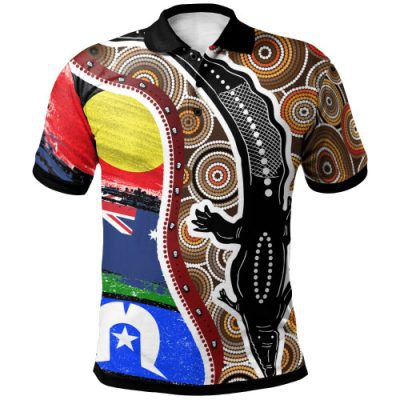 Australia Polo Shirt - Australian Aboriginal Inspired Crocodile With NAIDOC Flags
