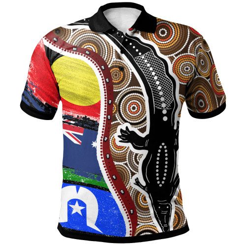 Australia Polo Shirt - Australian Aboriginal Inspired Crocodile With NAIDOC Flags Australia Polo Shirt - Australian Aboriginal Inspired Crocodile With NAIDOC Flags