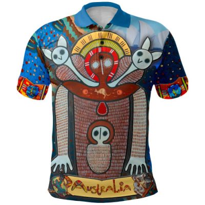 Australia Wandjina Polo Shirt Blue Collar- Australian Aboriginal Inspired Mythology - My Australia
