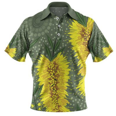 Australia Aboriginal Polo Shirt - Yellow Bottle Brush Flora In Aboriginal Painting Polo Shirt