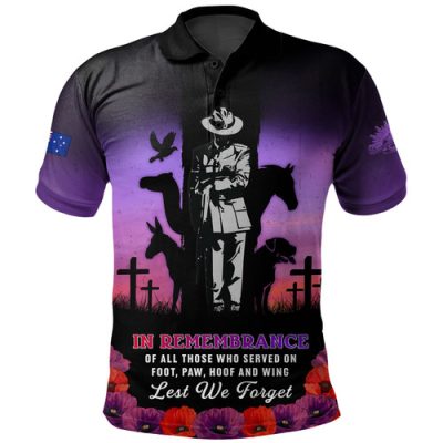 Australia Polo Shirt Anzac Day Lest We Forget War Animals Purple Poppy