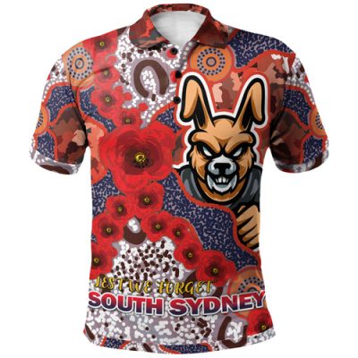 South Sydney Rabbitohs Watercolour Custom Polo Shirt - Remembrance Souths With Aboriginal Inspired Poppy Flower Polo Shirt