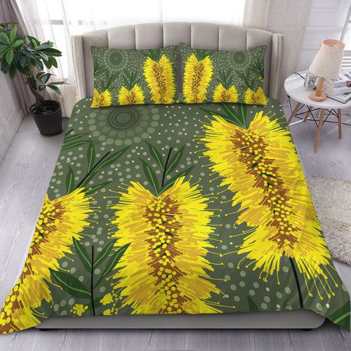 Australia Aboriginal Bedding Set - Yellow Bottle Brush Flora In Aboriginal Painting Bedding Set Australia Aboriginal Bedding Set - Yellow Bottle Brush Flora In Aboriginal Painting Bedding Set