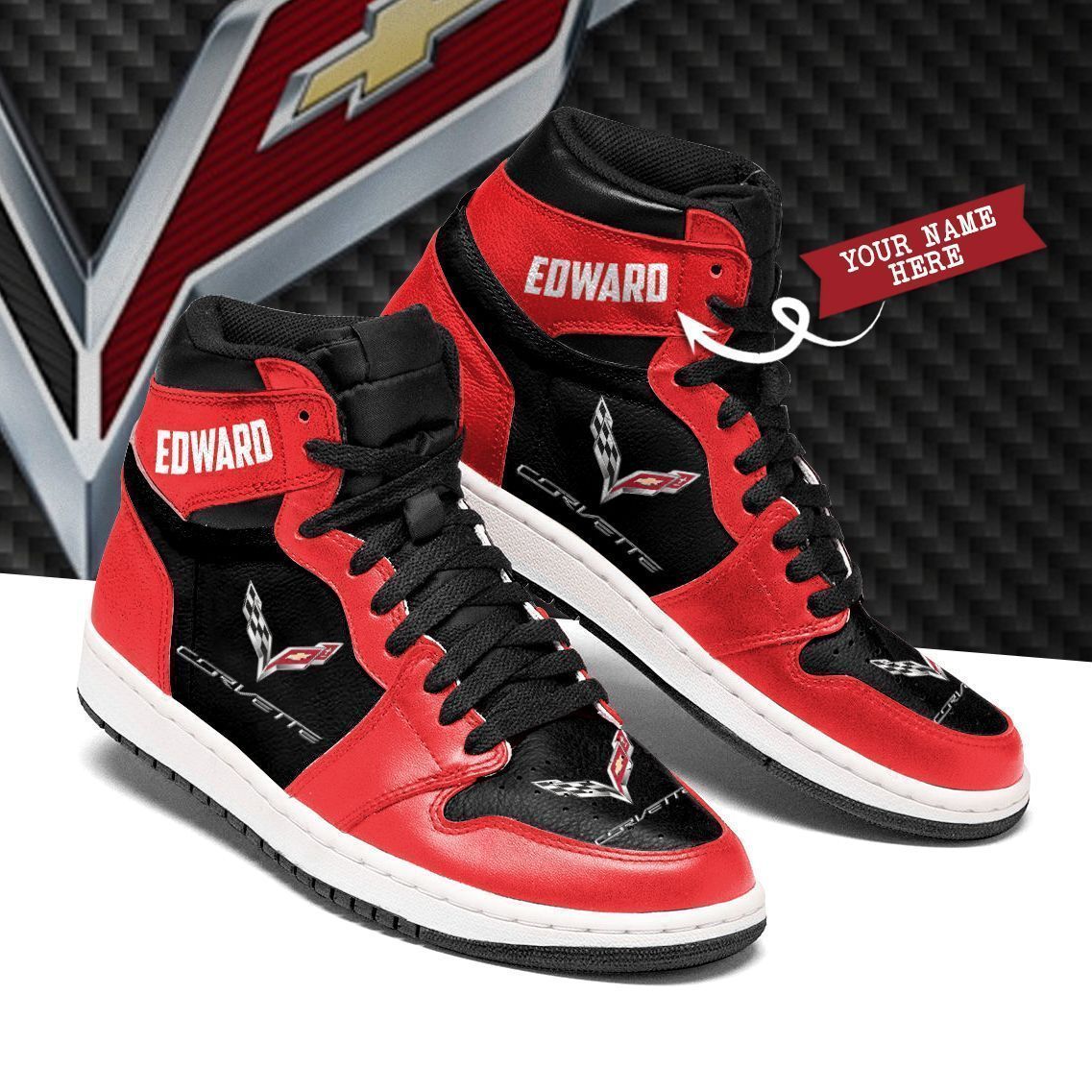 Chevrolet Corvette Red Custom Name Air Jordan 1 High Sneakers Chevrolet Corvette Red Custom Name Air Jordan 1 High Sneakers