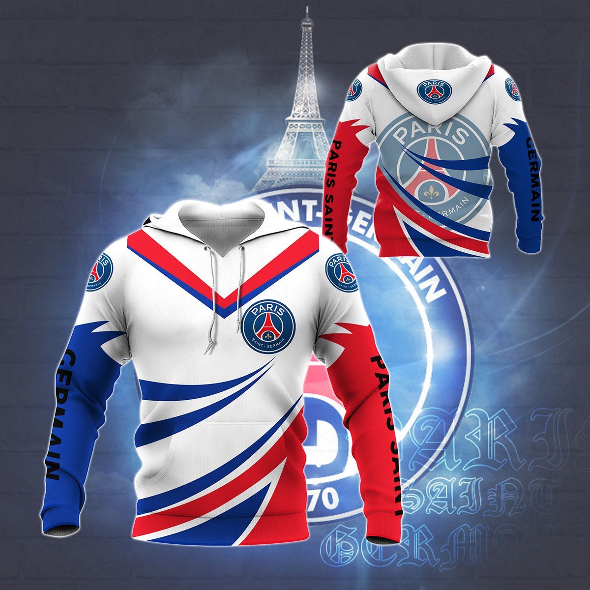 Paris Saint-Germain FC White Blue Pullover Hoodie V2 Paris Saint-Germain FC White Blue Pullover Hoodie V2
