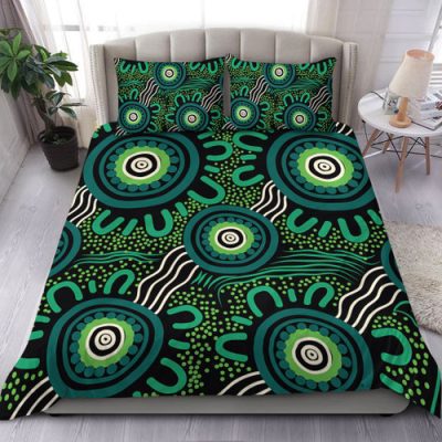 Australia Aboriginal Bedding Set - Green Aboriginal Dot Art Background Bedding Set