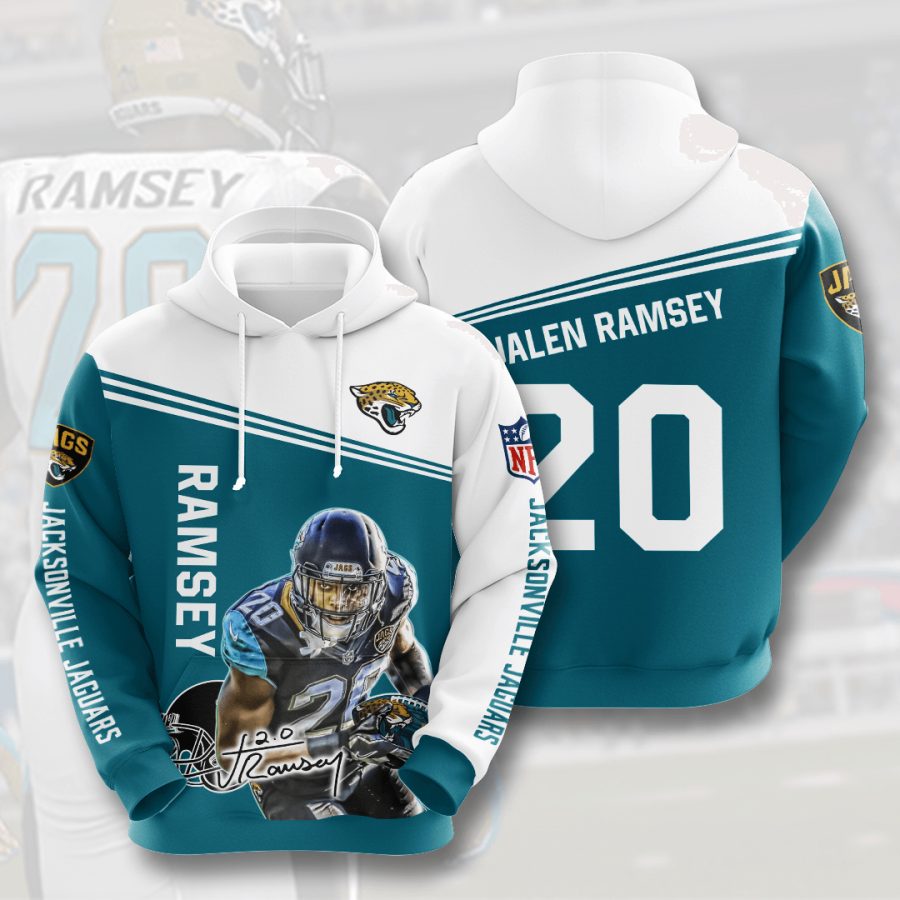 NFL Jacksonville Jaguars Jalen Ramsey Teal White Pullover Hoodie NFL Jacksonville Jaguars Jalen Ramsey Teal White Pullover Hoodie