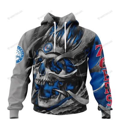 NBA Philadelphia 76ers Custom Name Number Gray Blue Skull Pullover Hoodie