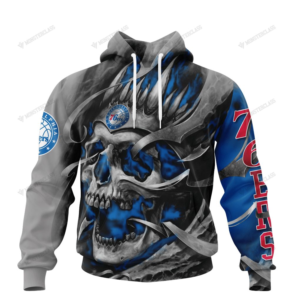 NBA Philadelphia 76ers Custom Name Number Gray Blue Skull Pullover Hoodie NBA Philadelphia 76ers Custom Name Number Gray Blue Skull Pullover Hoodie