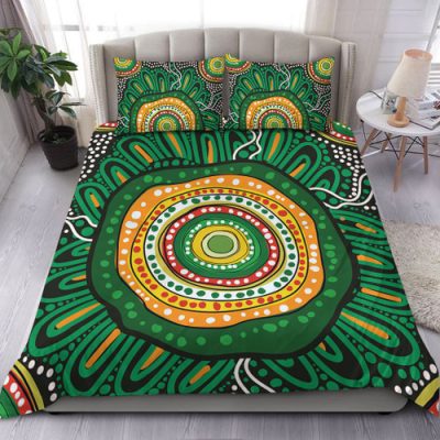 Custom Australia Bedding Set Aboriginal Dot Painting Green