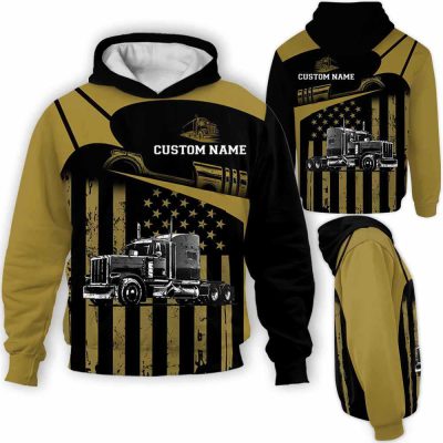 Car Lover - Truck Driver Yellow Black Usa Flag Custom Name Pullover Hoodie