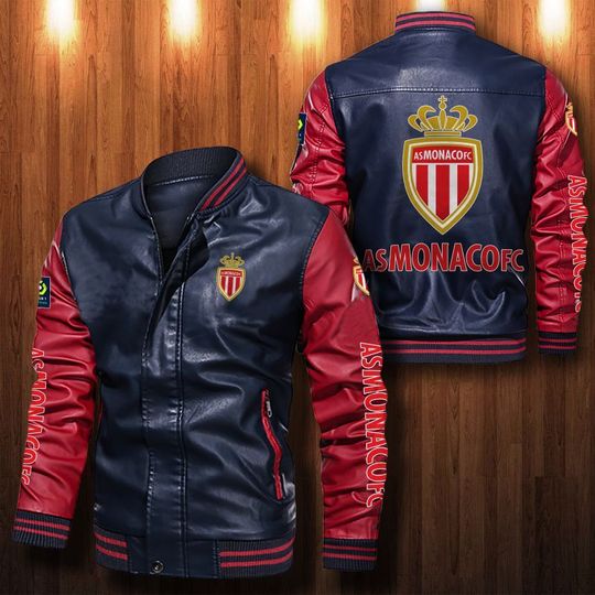 AS Monaco Dark Blue Red Leather Bomber Jacket AS Monaco Dark Blue Red Leather Bomber Jacket