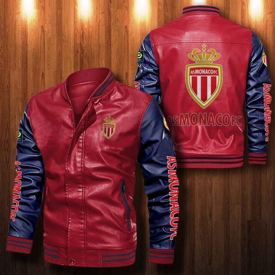 AS Monaco Red Dark Blue Leather Bomber Jacket AS Monaco Red Dark Blue Leather Bomber Jacket