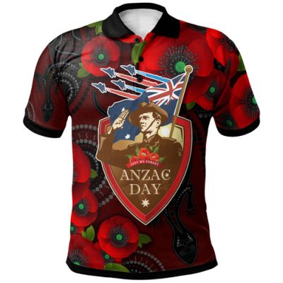 Australia Anzac Day Polo Shirt - Aboriginal Inspired Art Background With Lizard Poppy Flowers