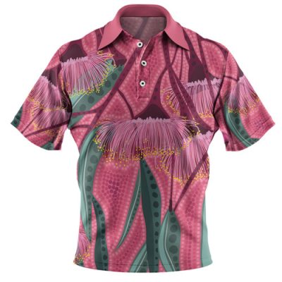 Australia Flowers Aboriginal Polo Shirt - Aboriginal Dot Art Of Australian Native Eucalyptus Tree Branch Polo Shirt