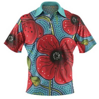 Australia Flowers Aboriginal Polo Shirt - Aboriginal Dot Art Of Australian Poppy Flower Painting Polo Shirt