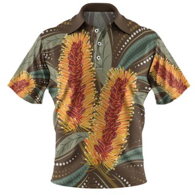 Australia Flowers Aboriginal Polo Shirt - Aboriginal Dot Art With Yellow Banksia Flower Polo Shirt