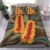 Australia Flowers Aboriginal Bedding Set - Aboriginal Dot Art With Yellow Banksia Flower Bedding Set