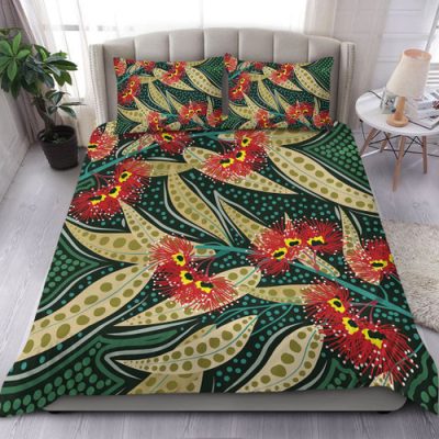 Australia Flowers Aboriginal Bedding Set - Aboriginal Dot Art of Australian Native Eucalyptus Plant Bedding Set