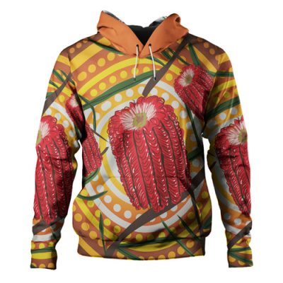 Australia Flowers Aboriginal Hoodie - Aboriginal Dot Painting With Red Banksia Flower Hoodie