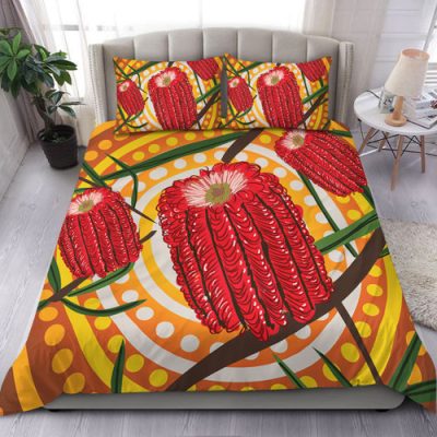 Australia Flowers Aboriginal Bedding Set - Aboriginal Dot Painting With Red Banksia Flower Bedding Set