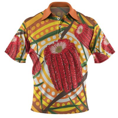 Australia Flowers Aboriginal Polo Shirt - Aboriginal Dot Painting With Red Banksia Flower Polo Shirt