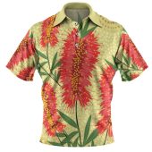 Australia Flowers Aboriginal Polo Shirt - Aboriginal Painting Red Bottle Brush Tree Polo Shirt
