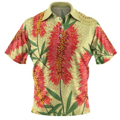 Australia Flowers Aboriginal Polo Shirt - Aboriginal Painting Red Bottle Brush Tree Polo Shirt