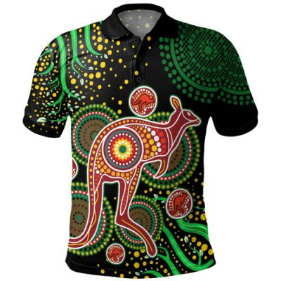 Australia Polo Shirt Aboriginal Art With Kangaroo