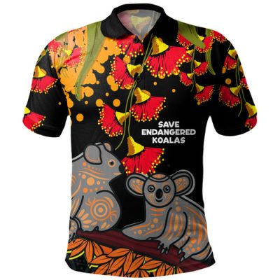 Australia Polo Shirt - Aboriginal Save Endangered Koalas Red Bottle Brush Flower