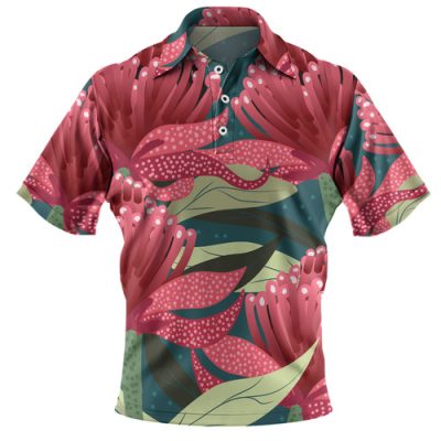 Australia Flowers Aboriginal Polo Shirt - Australian Waratah Flowers Painting In Aboriginal Style Polo Shirt