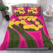 Australia Flowers Aboriginal Bedding Set - Australian Yellow Wattle Flowers Painting In Aboriginal Dot Art Style Bedding Set