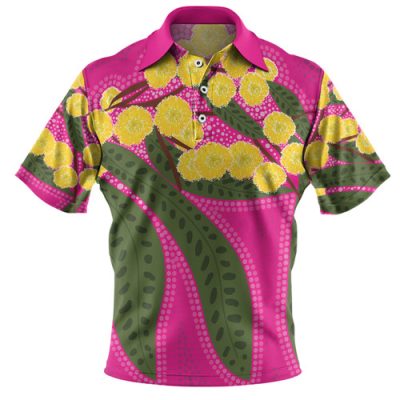 Australia Flowers Aboriginal Polo Shirt - Australian Yellow Wattle Flowers Painting In Aboriginal Dot Art Style Polo Shirt
