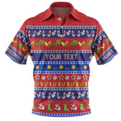 Australia Christmas Custom Polo Shirt - Aussie Christmas Flamingo Summer Vibes Blue Polo Shirt