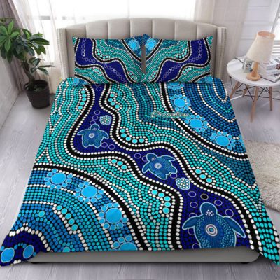Australia Turtles Aboriginal Bedding Set - River And Turtles Dot Art Painting Blue Bedding Set