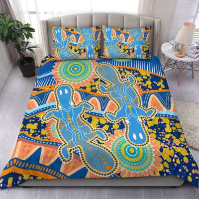 Australia Animals Platypus Aboriginal Bedding Set - Blue Platypus With Aboriginal Art Dot Painting Patterns Inspired Bedding Set