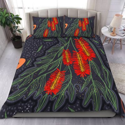 Australia Flowers Aboriginal Bedding Set - Bottle Brush Medicinal Plant Art Bedding Set