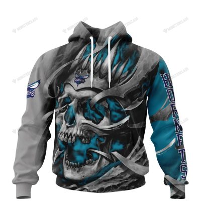 NBA Charlotte Hornets Custom Name Number Gray Teal Skull Pullover Hoodie