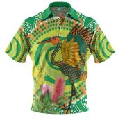 Australia Aboriginal Polo Shirt - Brolga Bird Dancing With Australia Native Flowers V2 Polo Shirt