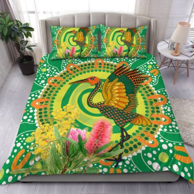 Australia Aboriginal Bedding Set - Brolga Bird Dancing With Australia Native Flowers Bedding Set