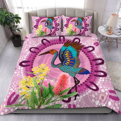 Australia Aboriginal Bedding Set - Brolga Bird Dancing With Australia Native Flowers Bedding Set