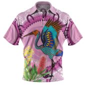 Australia Aboriginal Polo Shirt - Brolga Bird Dancing With Australia Native Flowers V3 Polo Shirt