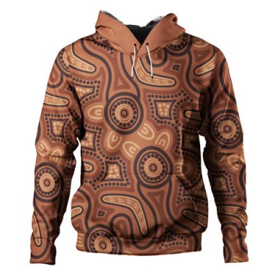 Australia Dot Painting Inspired Aboriginal Hoodie - Brown Aboriginal Australian Art With Boomerang Hoodie