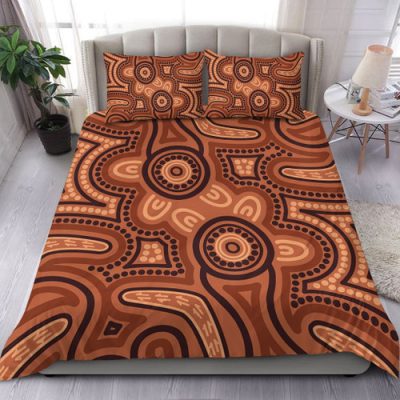 Australia Dot Painting Inspired Aboriginal Bedding Set - Brown Aboriginal Australian Art With Boomerang Bedding Set
