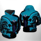 NBA Charlotte Hornets Black Teal Skull Pullover Hoodie V7