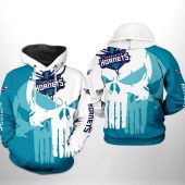 NBA Charlotte Hornets White Teal Punisher Skull Pullover Hoodie
