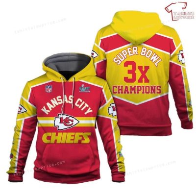 NFL Kansas City Chiefs Red Yellow 3x Super Bowl 2022 - 2023 Champions Pullover Hoodie