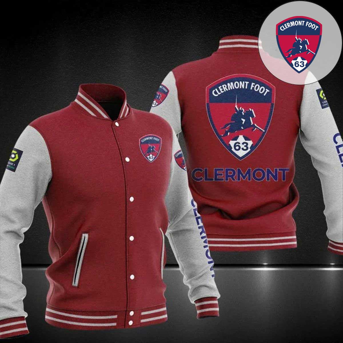 Clermont Foot 63 Maroon White Logo Baseball Jacket Clermont Foot 63 Maroon White Logo Baseball Jacket