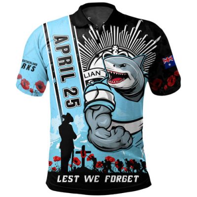 Cronulla-Sutherland Sharks Polo Shirt Anzac Day Lest We Forget Strong Fighting Spirit